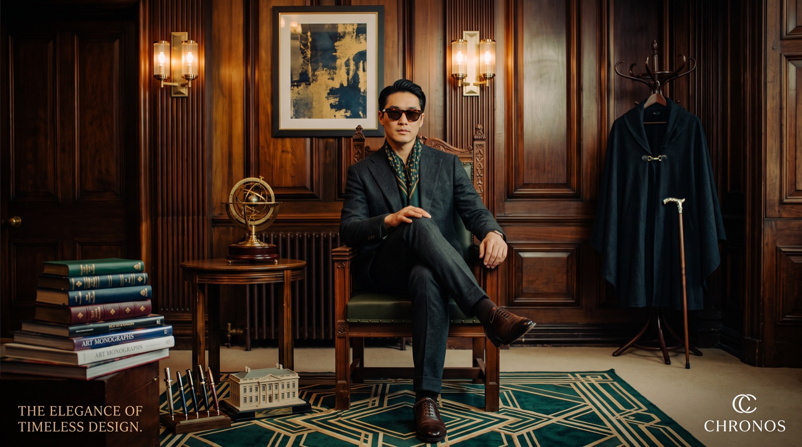 Chronos ad: a man in a charcoal suit and sunglasses sits in a carved chair in a wood-panelled study, books stacked beside him. 'The elegance of timeless design.'