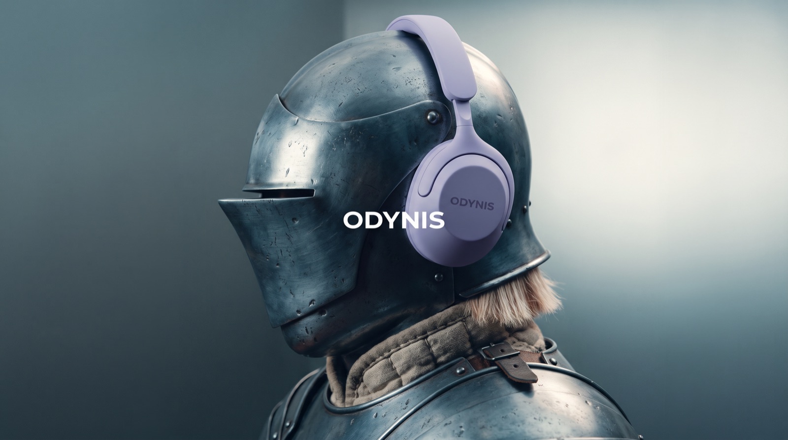 Odynis ad: a knight's steel helmet in profile wearing lilac Odynis headphones.