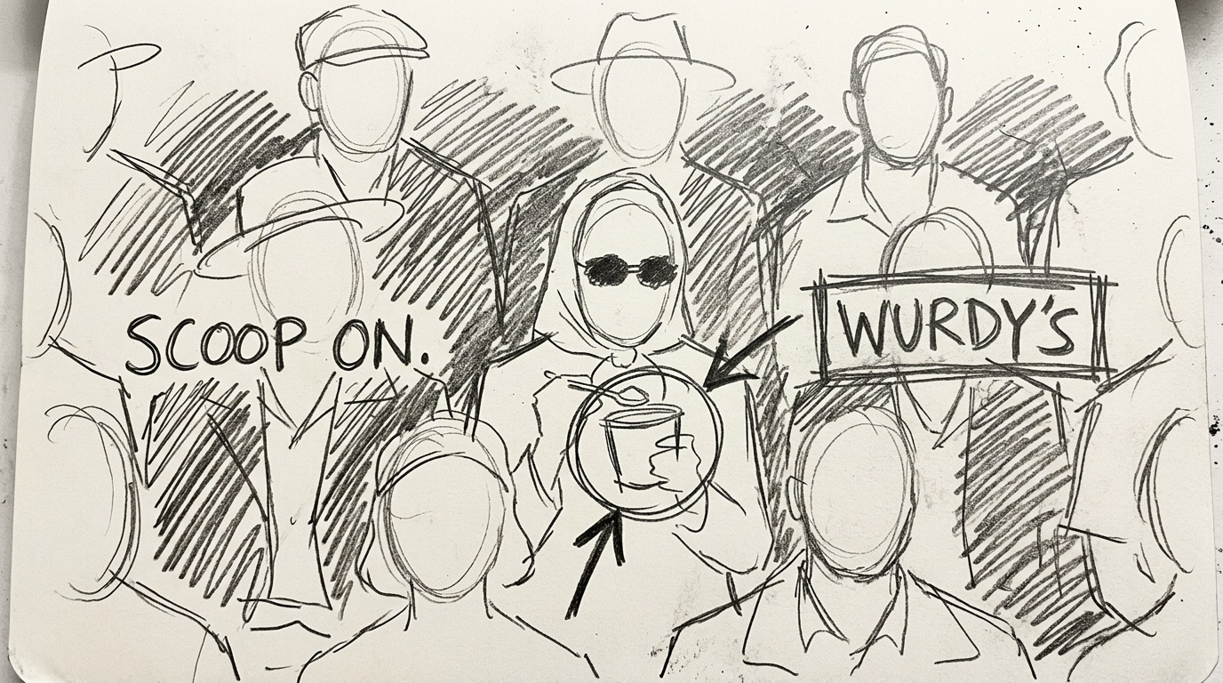 A rough pencil sketch of the same frame: the crowd as blank ovals and scribbled shadow, the woman in sunglasses at the centre, the tub circled, 'SCOOP ON.' and a boxed 'WURDY'S' lettered in.