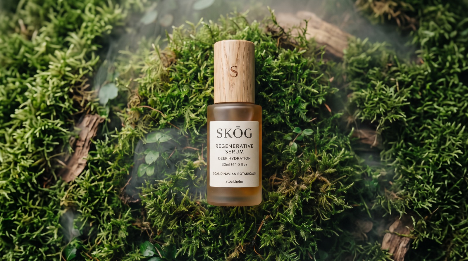 SKÖG serum with an oak cap, laid on wet moss from above.