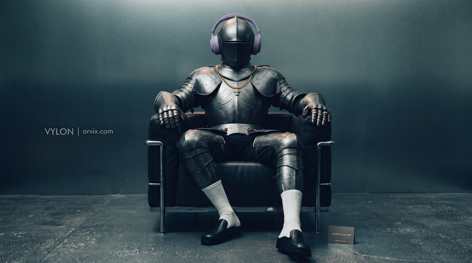 Vylon ad: a knight in full armour with lilac headphones and a gold chain lounges in a steel-framed leather armchair, in white socks and black loafers.