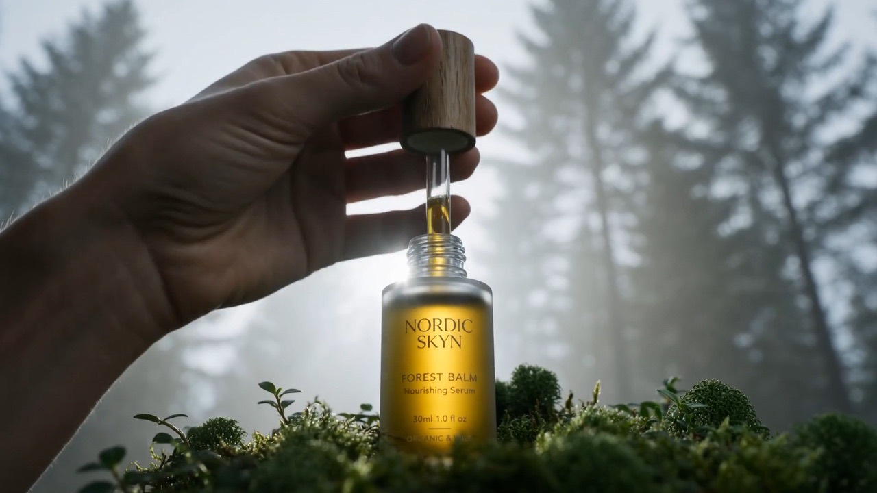 Nordic Skyn macro study: balm and forest moss.