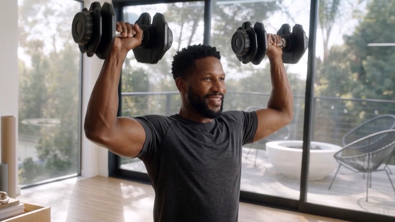 XForm product film: a man lifts adjustable dumbbells by a bright window.